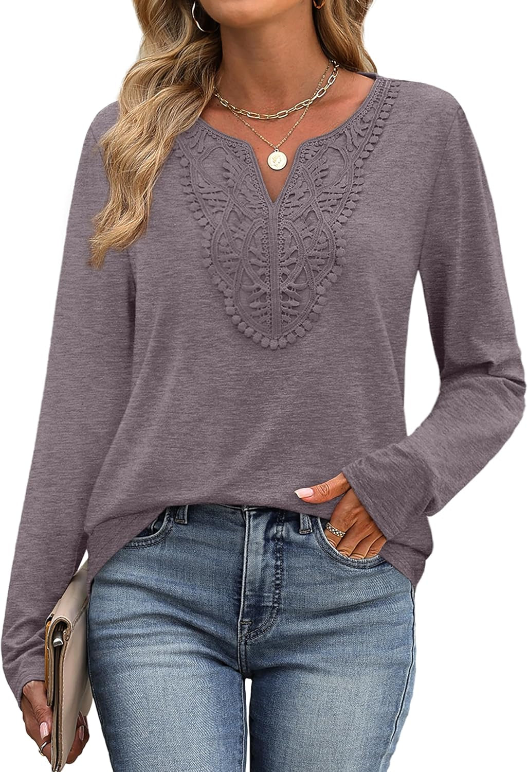 Boho Tops for Women Blouses Dressy Casual V Neck Long Sleeve Shirts Fall Outfits Trendy Vacation Clothes
