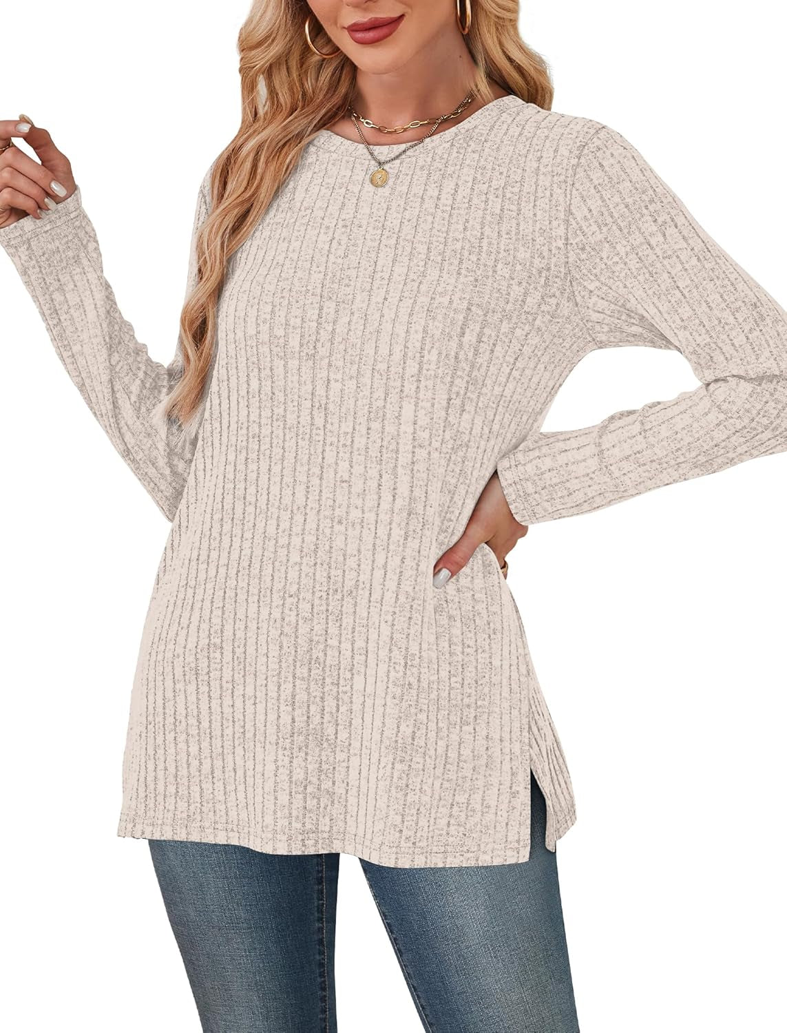 Womens Sweaters Crewneck Long Sleeve Shirts with Pockets Fall Outfits 2025 Fashion Winter Clothing Side Slit