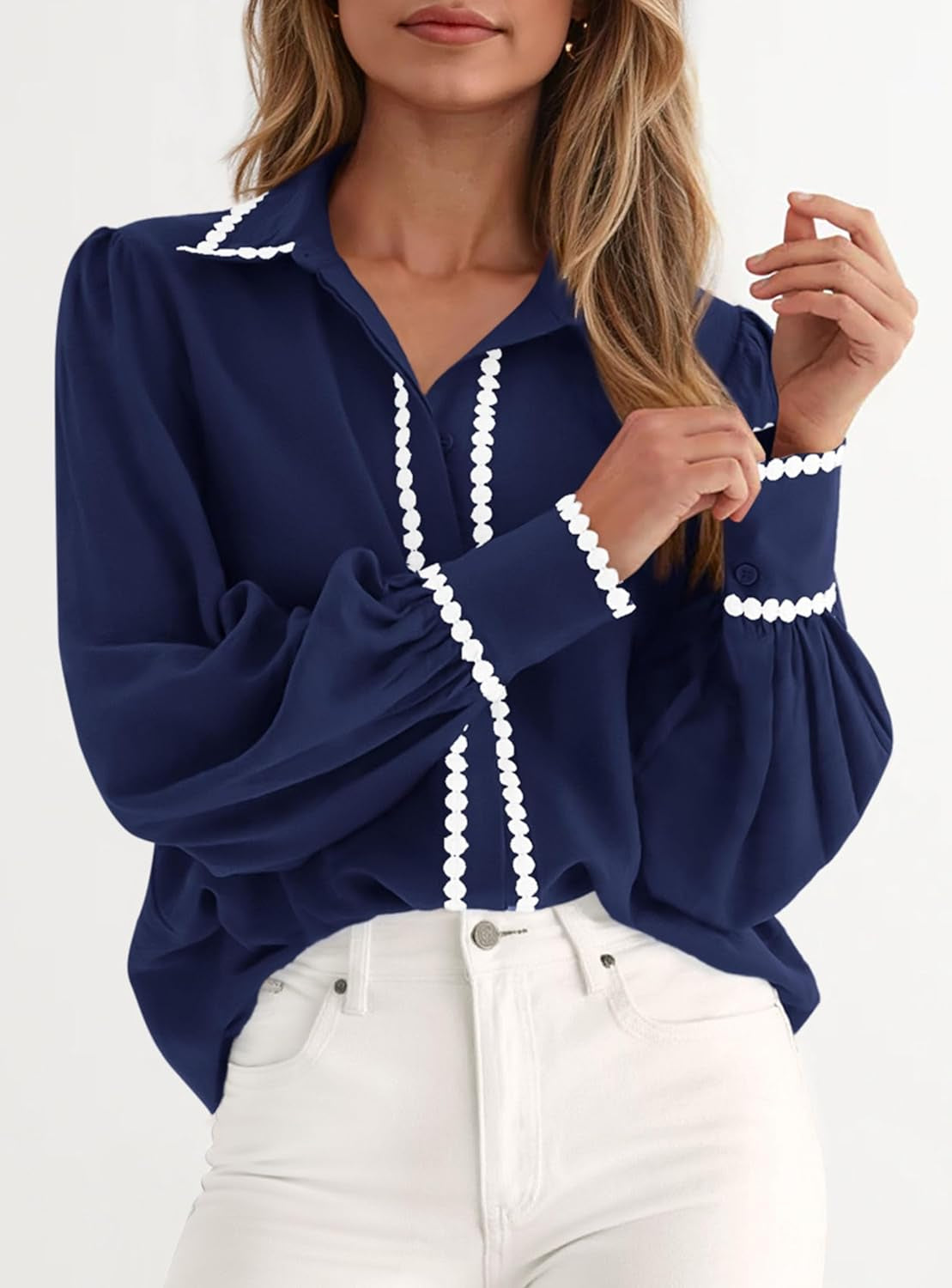 Womens Long Sleeve Button down Shirts 2025 Trendy V Neck Loose Fit Fall Tops Collared Dressy Casual Blouses