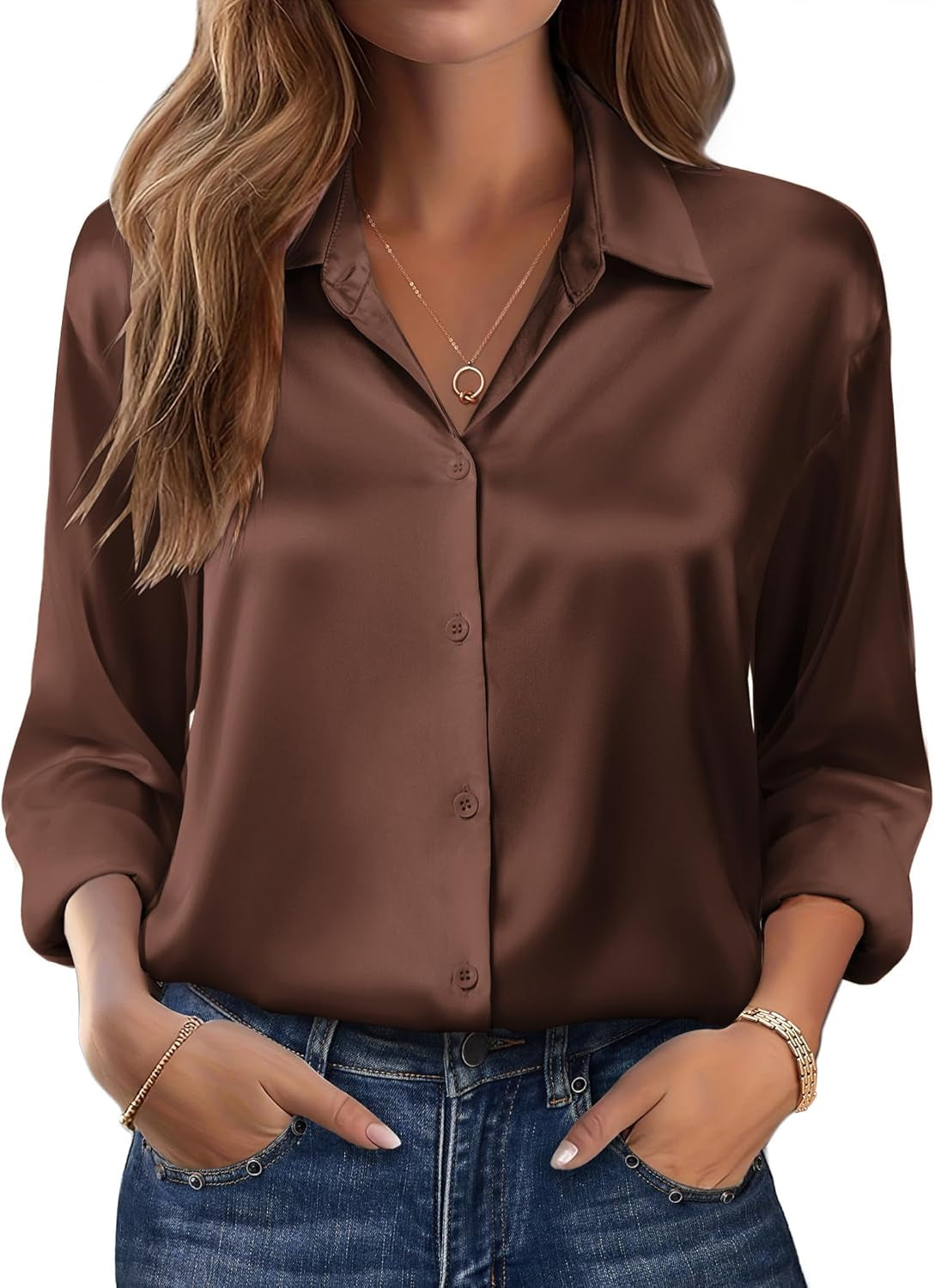 Womens Tops Long Sleeve Satin Silk Button down Shirts Casual Business Dressy Blouses Fall Clothes