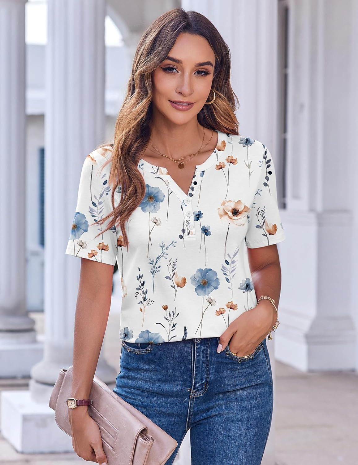 Womens Summer Tops Casual Short Sleeve V Neck Shirts Business Dressy Work Blouses