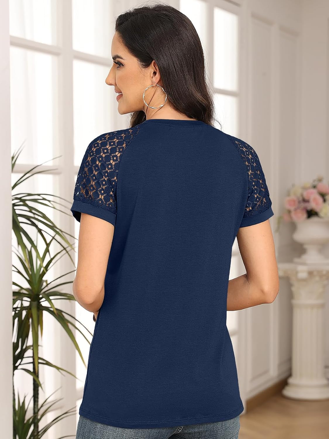 Women'S Lace Short Sleeve Business Casual Top, Blouse with Unique Front Seam Detail Shirts