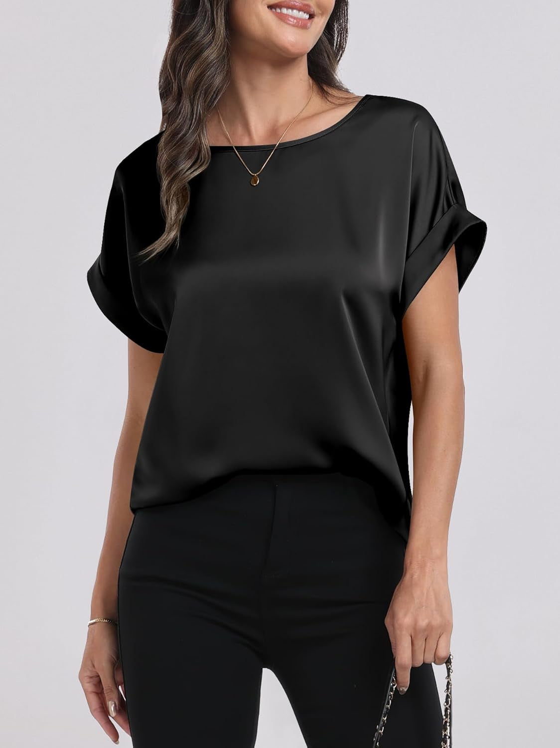 Women'S Summer Dressy Casual Short Sleeve Shirts Crewneck Satin 2025 Business Office Work Blouse Tops