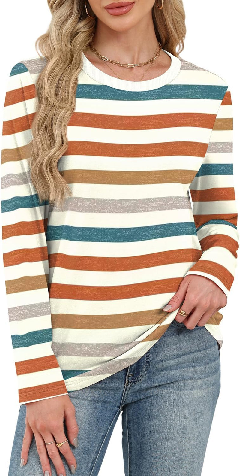 Womens Striped Long Sleeve Shirts Fall Outfits 2025 Color Block Tops Fashion Clothing Ribbed Crewneck Tee Blouses