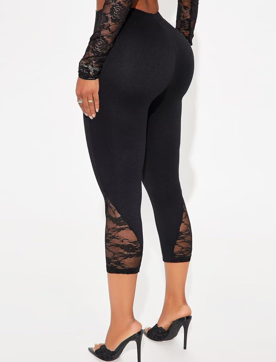 Womens Capri Leggings Sexy Lace Pants Mesh Cropped 3/4 Knee Length Dressy Going Out Bottoms