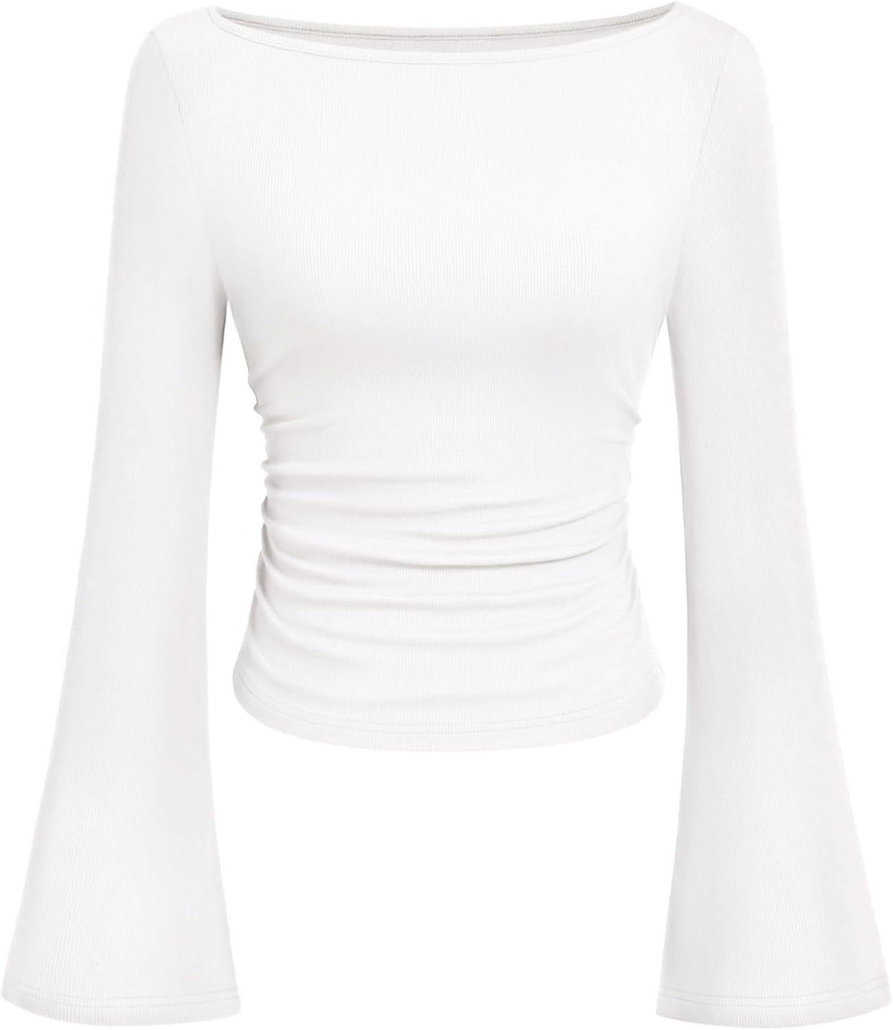 Womens Long Sleeve Shirts 2026 Spring Crop Going Out Tops Casual Boat Neck Bell Sleeve Ribbed Ruched Y2K Clothes
