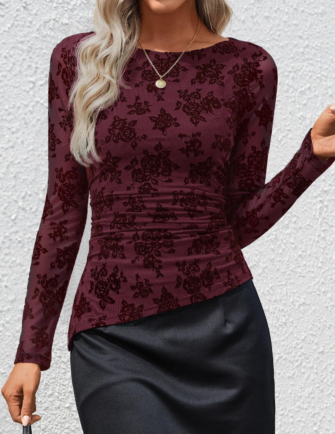 Womens Floral Long Sleeve Shirts 2026 Fall Boat Neck Mesh Ruched Tops Fitted Asymmetrical Going Out Blouses