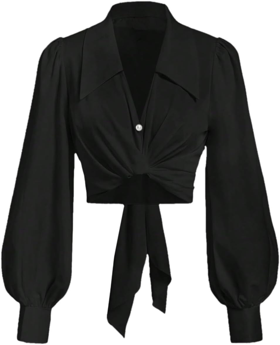 Women'S Button up Collar Cropped Shirt Long Sleeve Self Wrap Crop Top Blouse