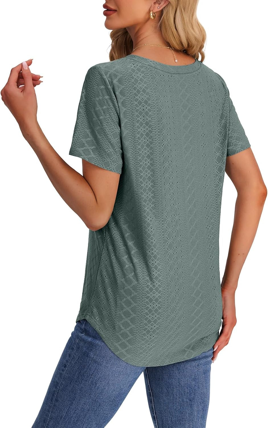 Womens T Shirts V Neck Short Sleeve Casual Tops Loose Fit Basic Tees with Curved Hem