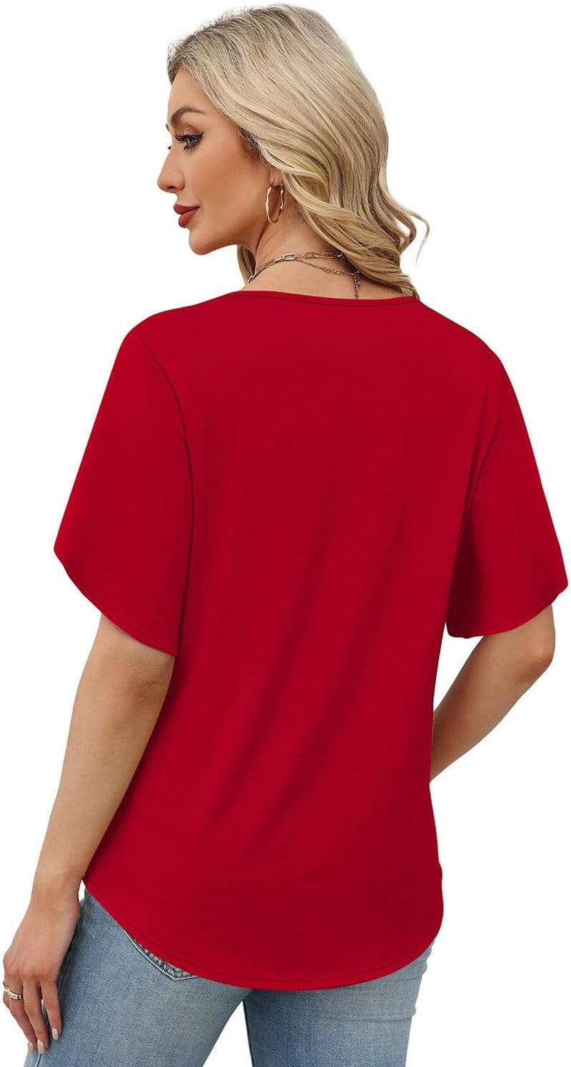 Womens Summer Tops Short Petal Sleeve Shirts Fashion V Neck Outfits Clothes