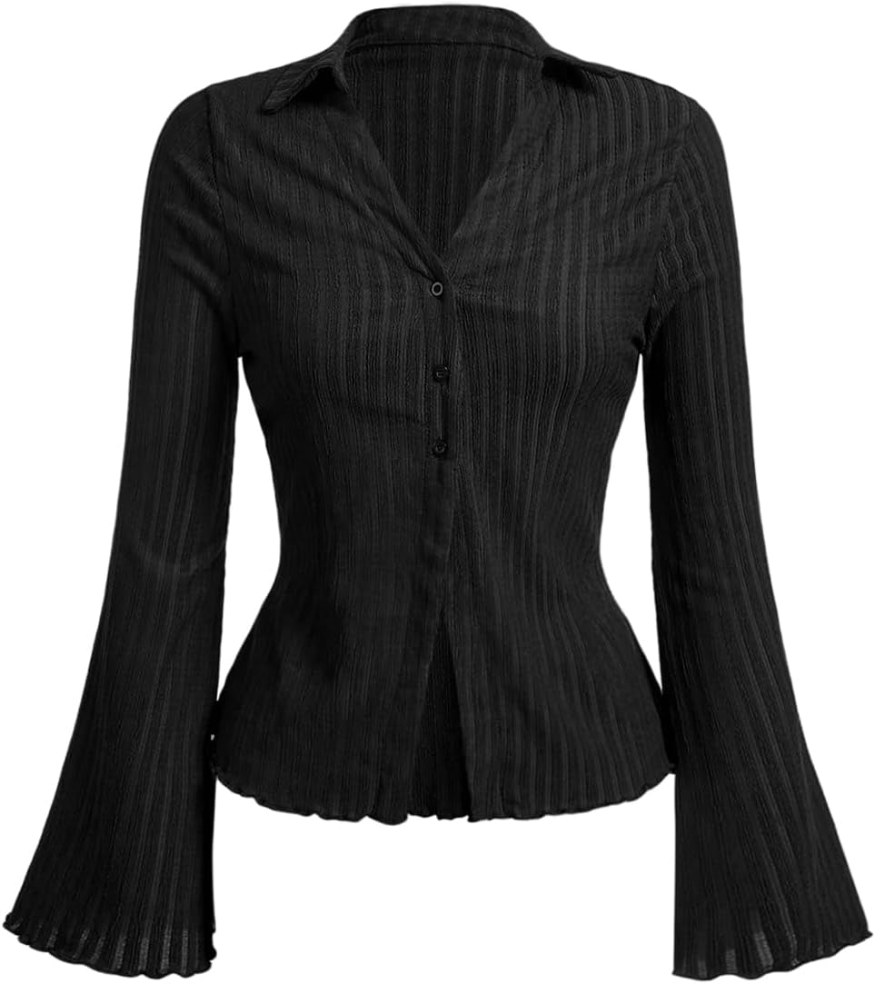 Women'S Button down T Shirt Collared V Neck Bell Long Sleeve Casual Tops