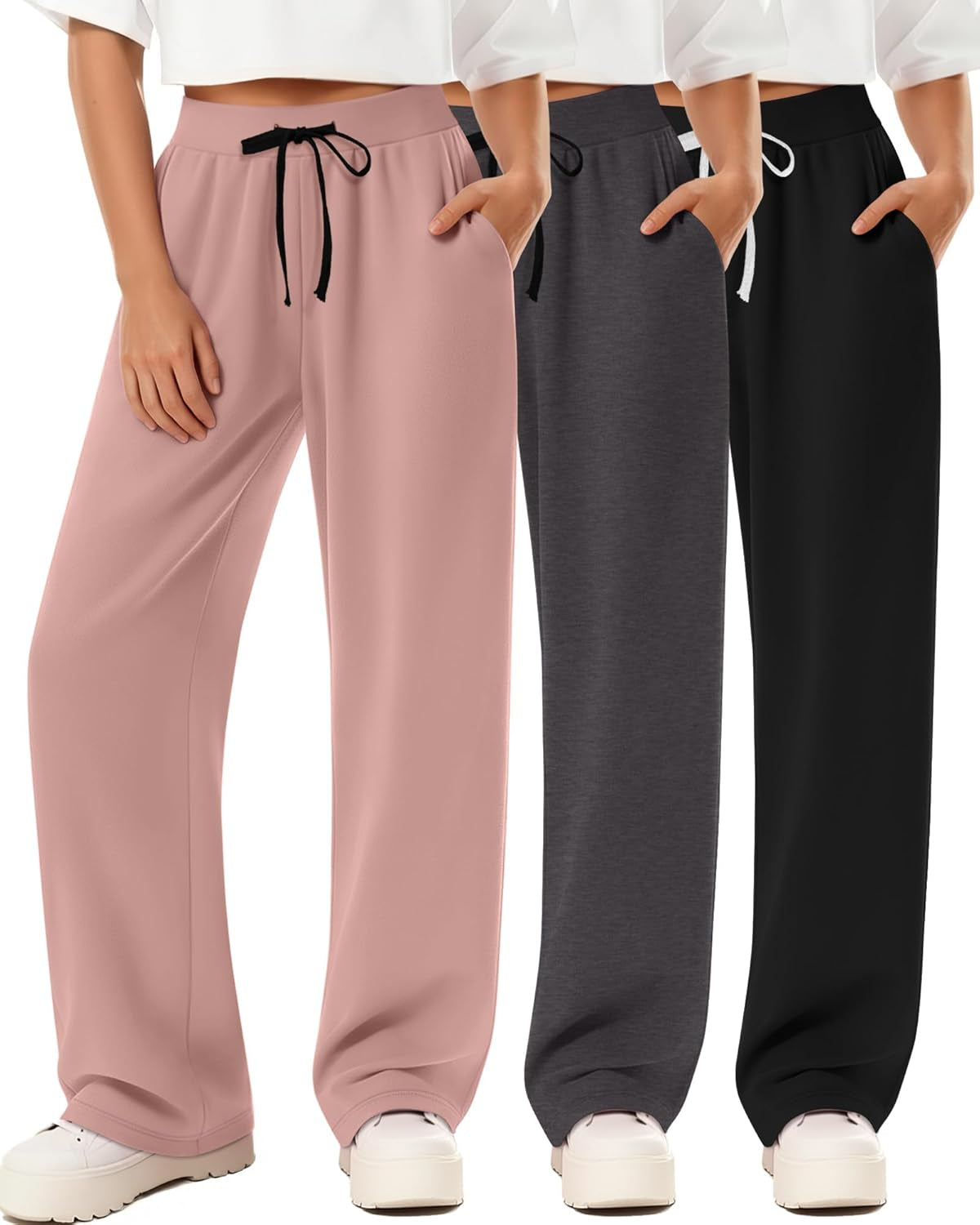 3 Pack Women'S Yoga Sweatpants Wide Leg Drawstring Baggy Pants Casual Loose Workout Open Bottom Lounge Pants