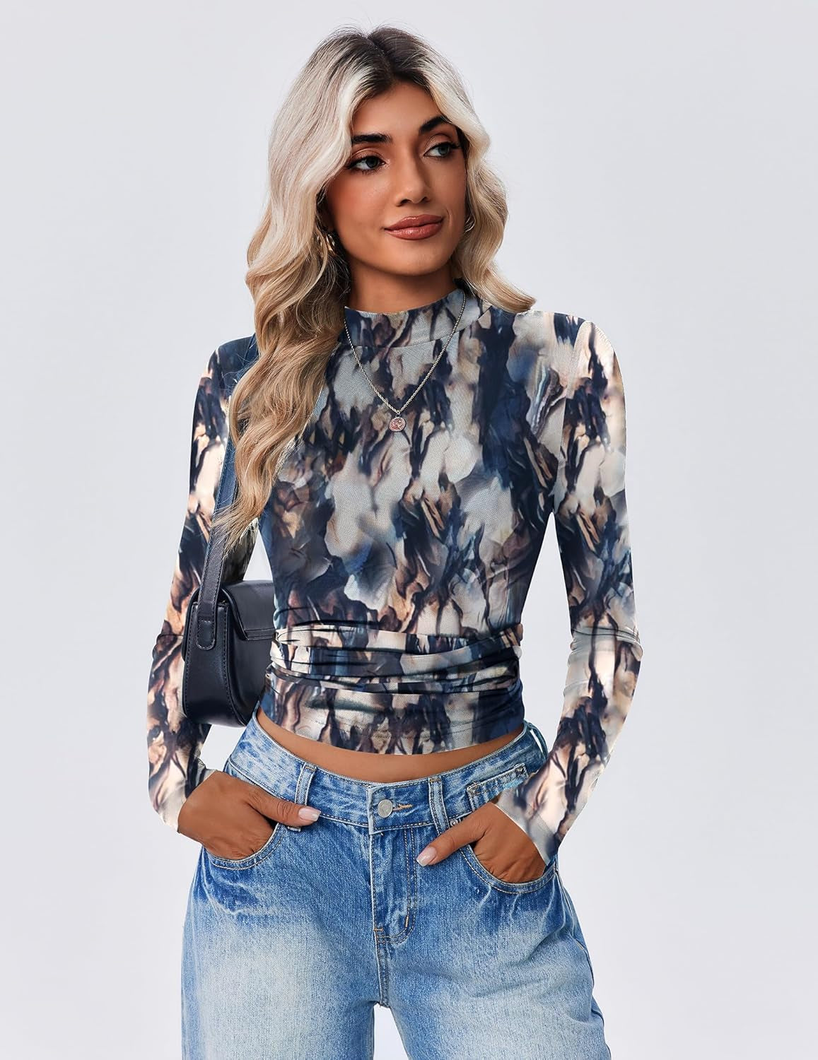 Womens Floral Mesh Long Sleeve Tops See through Going Out Blouses Mock Neck Sheer Party Outfits Shirts S-XXL