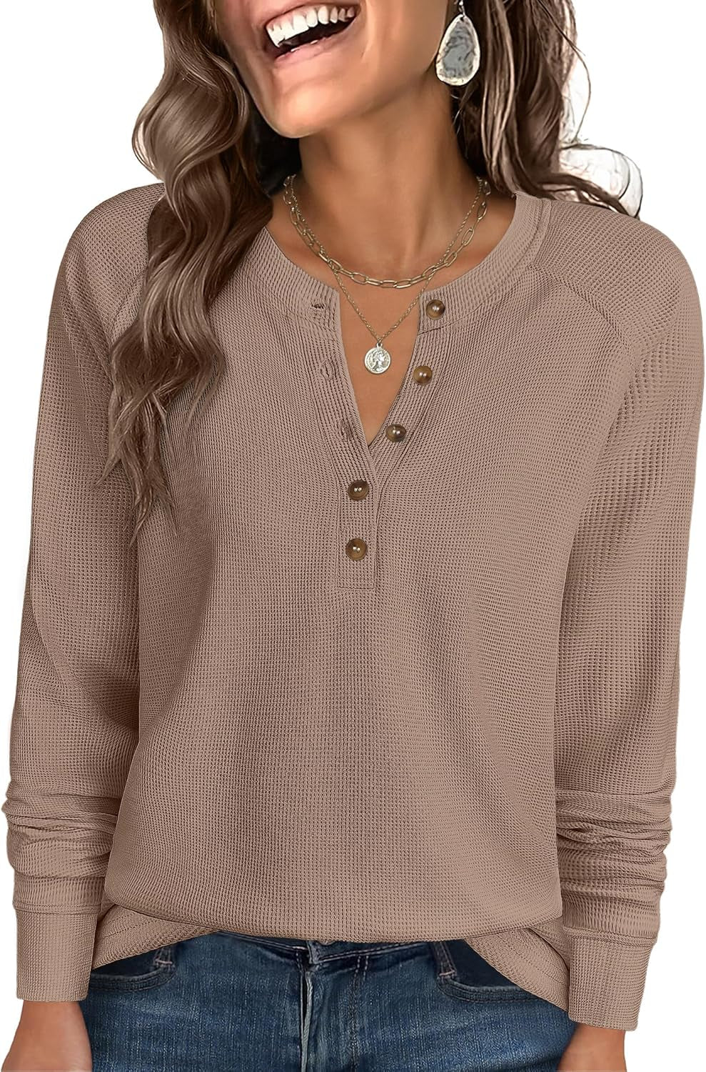 Women'S Long Sleeve Waffle Knit Shirts Dressy Casual Loose Button up V Neck Henley Tops 2025 Fall Basic Tee Blouse