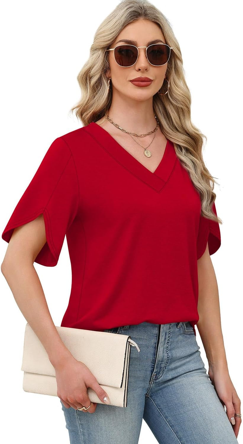 Womens Summer Tops Short Petal Sleeve Shirts Fashion V Neck Outfits Clothes