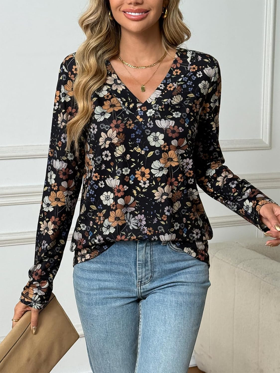 Long Sleeve Shirts for Women Tops V Neck Casual Top Comfortable Shirt Soft Basic Tees Women Blouses