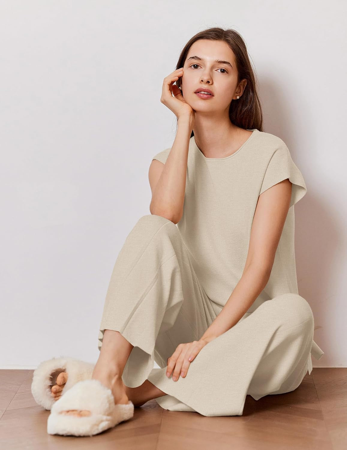 Lounge Sets for Women Two Piece Outfits Knit Cap Sleeve Tops Wide Leg Pleated Pants Casual Dressy Sweater Sets