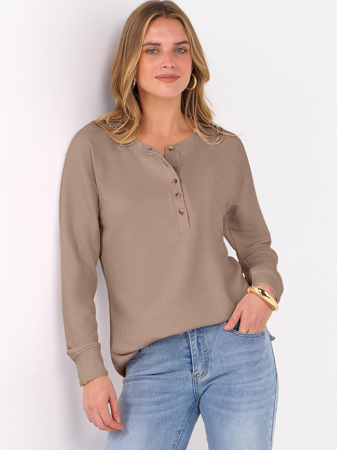 Women'S Long Sleeve Waffle Knit Shirts Dressy Casual Loose Button up V Neck Henley Tops 2025 Fall Basic Tee Blouse