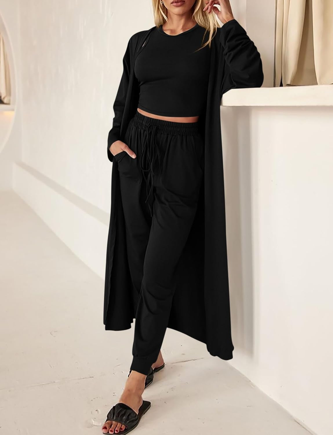 3 Piece Lounge Sets for Women Airport Travel Vacation Outfits Spring Cardigan Matching Sleeveless Top Jogger Pants