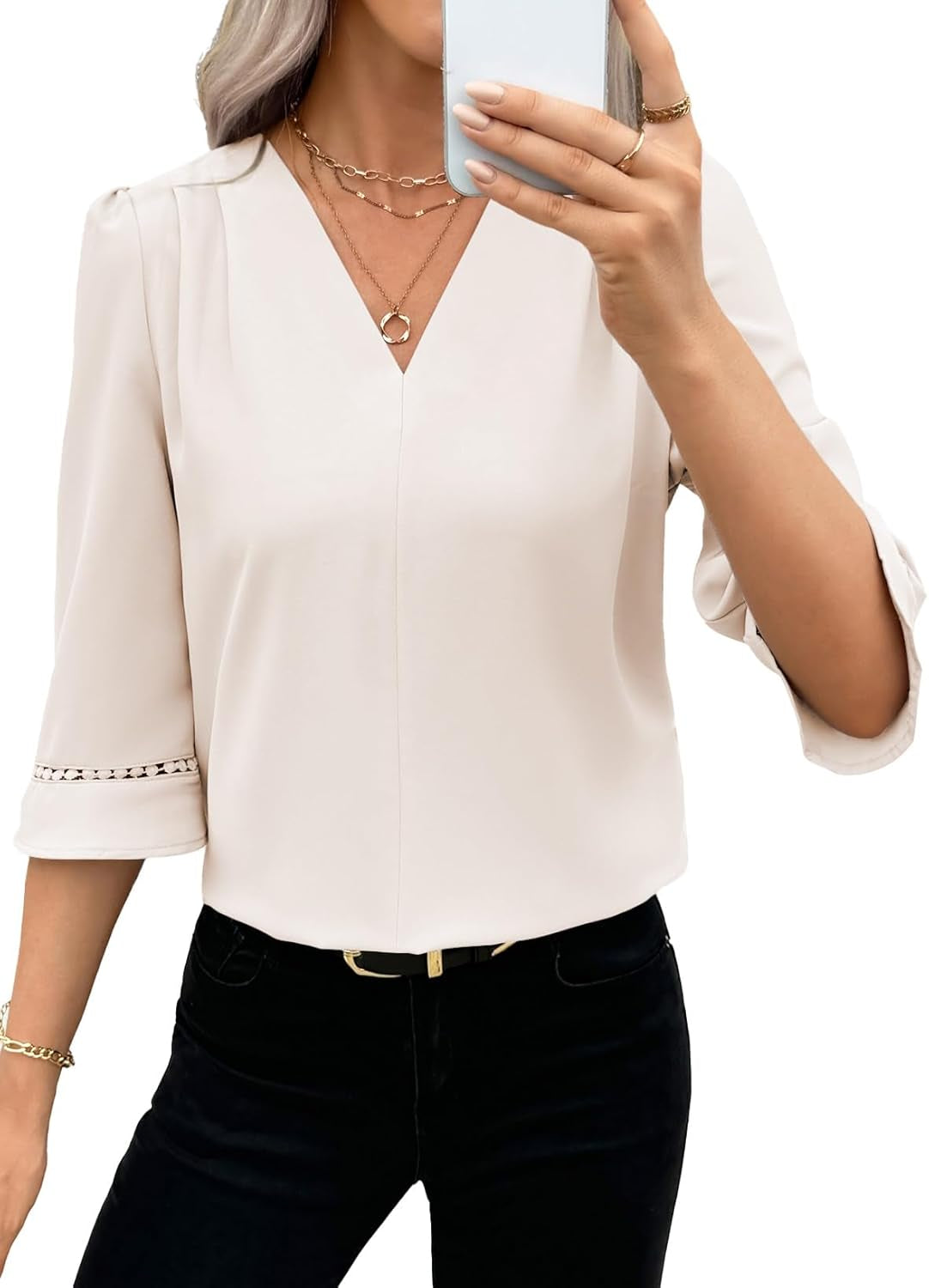 Women'S 3/4 Sleeve Tops Dressy Casual Pleated V Neck Business Work Blouses Office Shirts