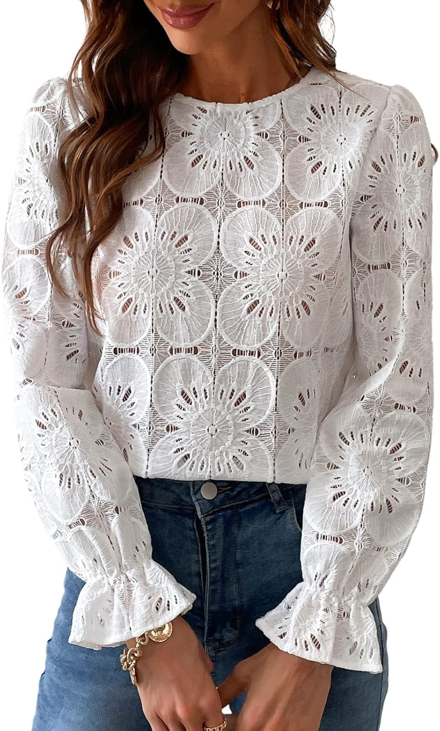 Women Eyelet Long Sleeve Tops Shirts Dressy Hollow Out Crochet Lace Embroidered Blouses 2025 Fashion