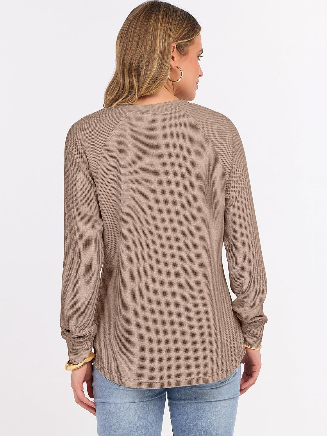 Women'S Long Sleeve Waffle Knit Shirts Dressy Casual Loose Button up V Neck Henley Tops 2025 Fall Basic Tee Blouse