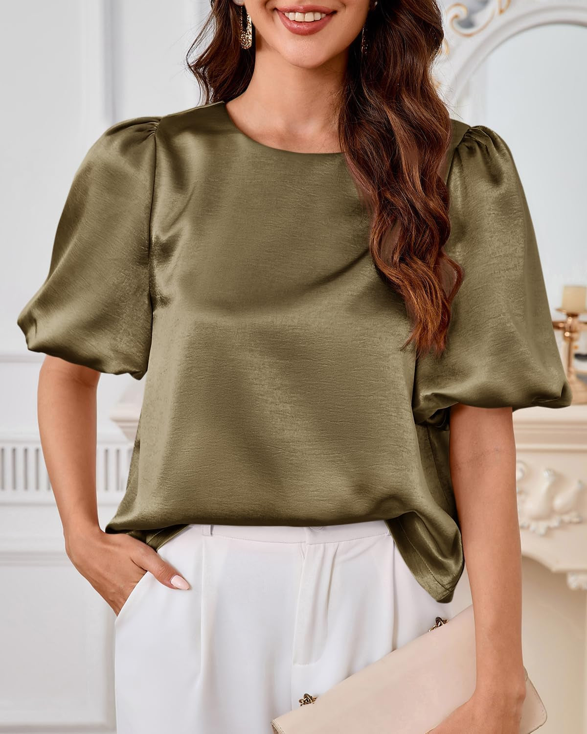 Womens Satin Silk Blouses Puff Short Sleeve Dressy Casual Tops Loose Fit Crew Neck Cropped Shirts