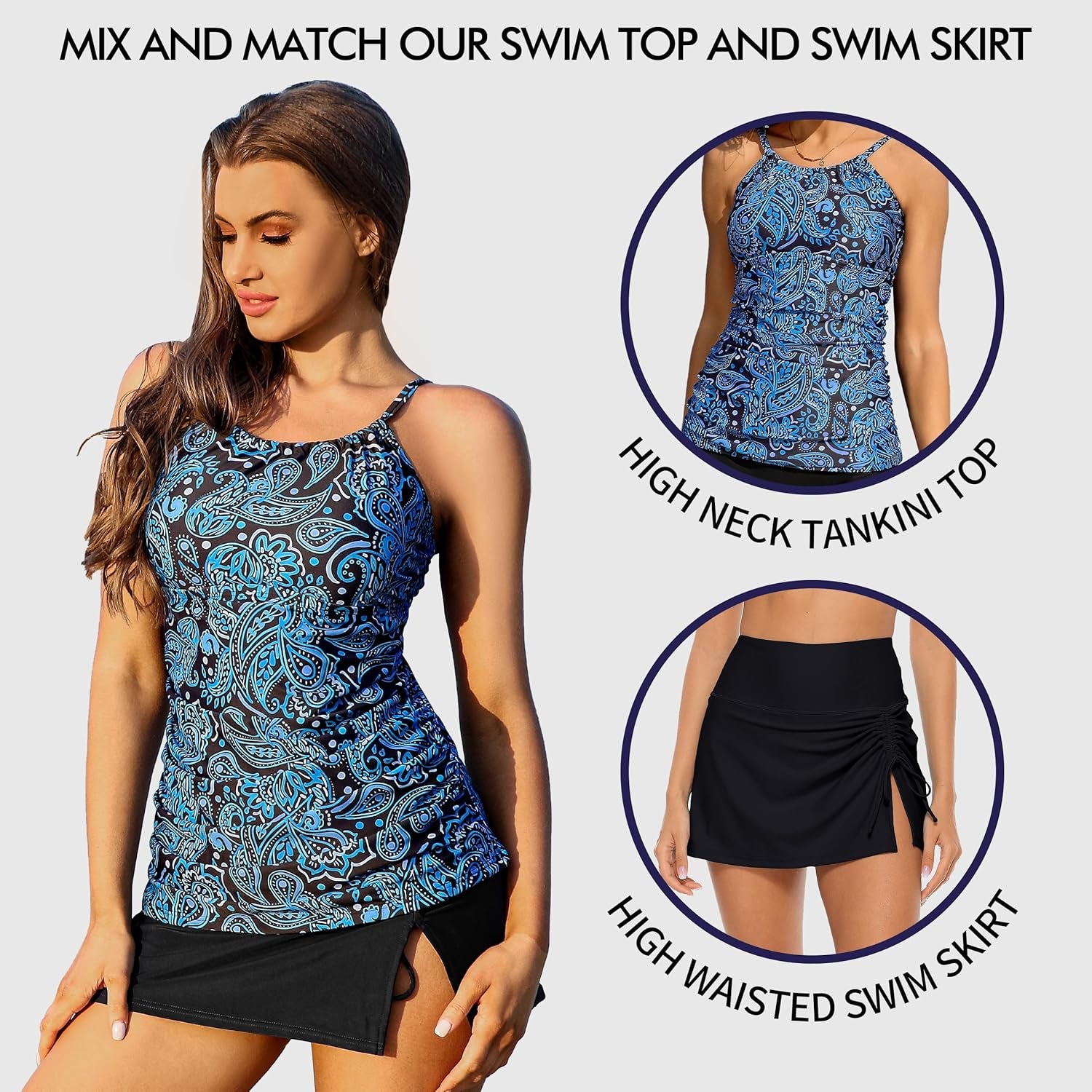 Womens High Waisted Split Swim Skirt Sporty Drawstring Skirted Swim Bottom with Built-In Panty