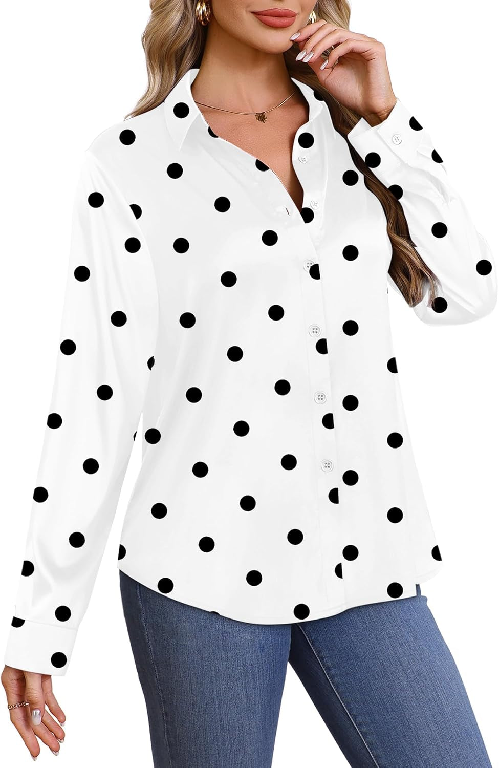 Womens Button down Shirts Long Sleeve Tops Silk Satin Blouses Business Casual Fashion Outfit