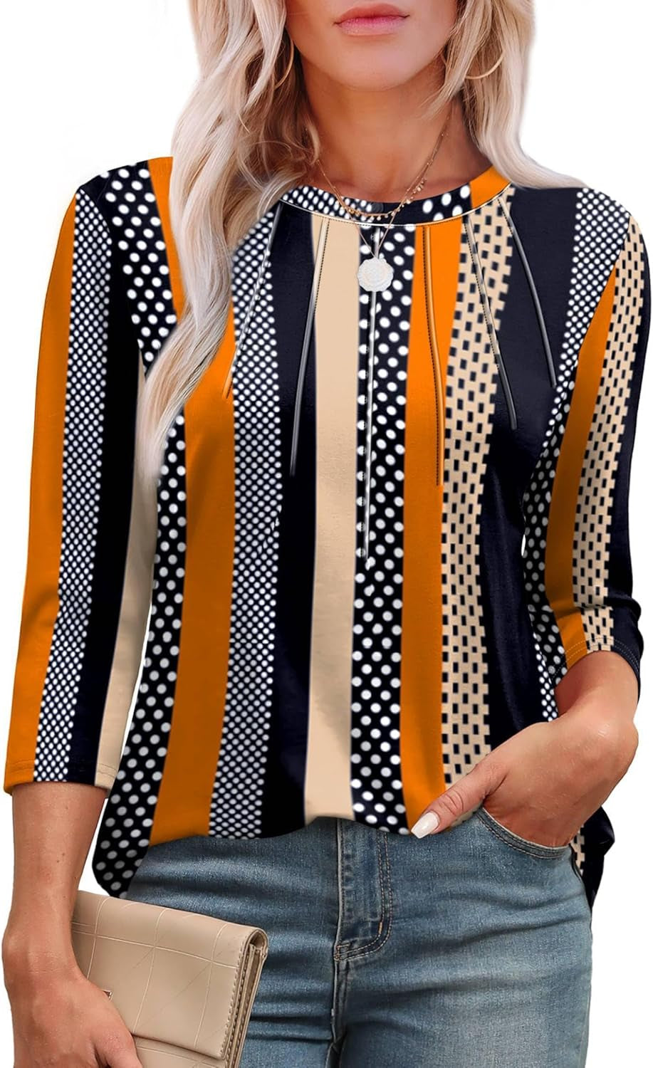 3/4 Length Sleeve Womens Tops round Neck Casual Tunic Tops Basic Pleated Shirts Loose Fit 2025