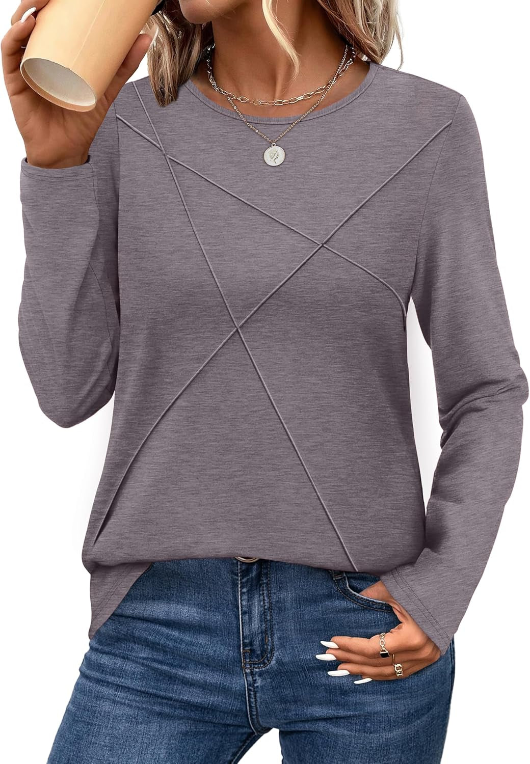 Long Sleeve Shirts for Women Business Casual Tops Trendy Crewneck Fall T Shirts Pleated Loose Fit
