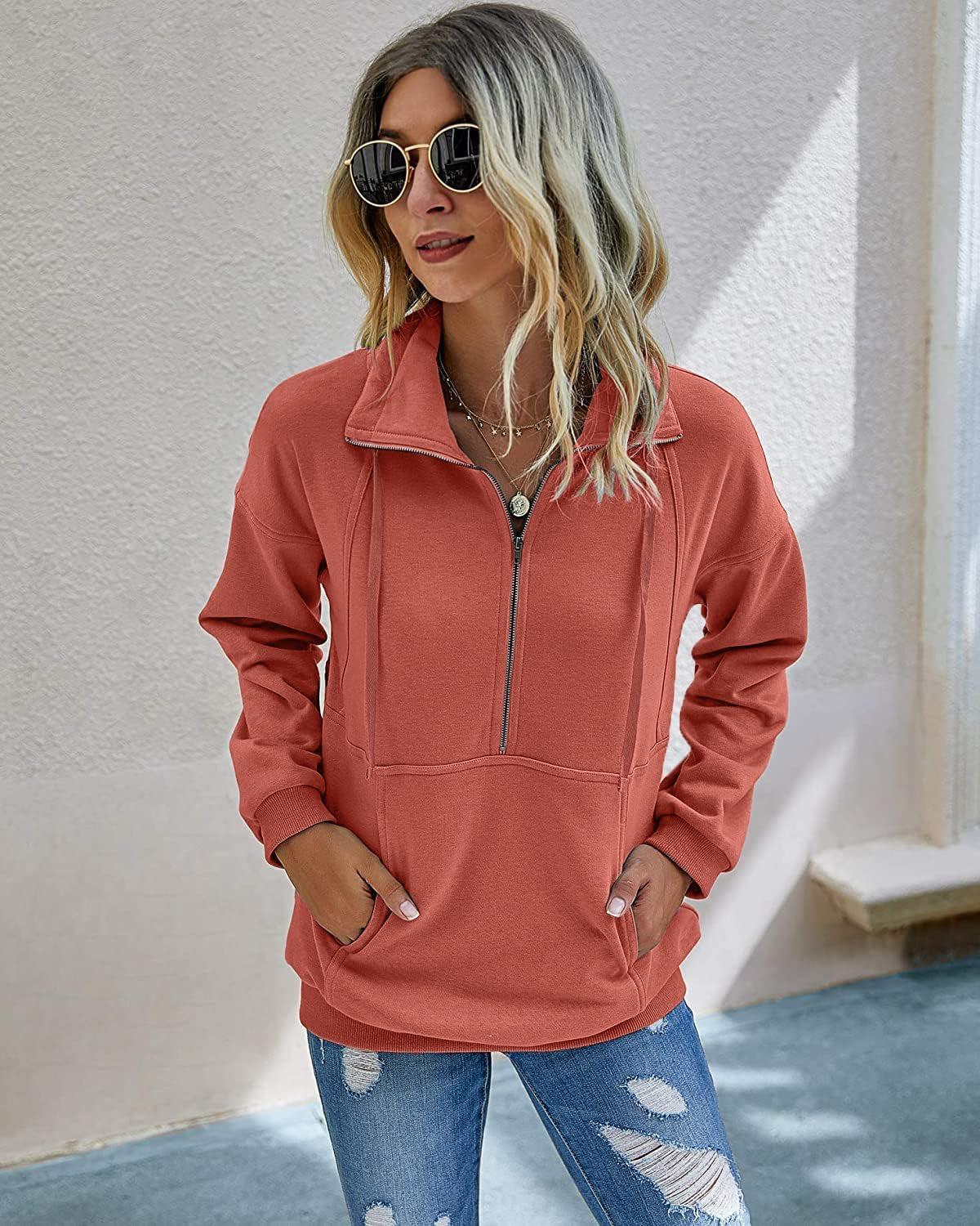 Women'S Casual Long Sleeve Lapel Zipper Sweatshirt Drawstring Loose Pullover Tops