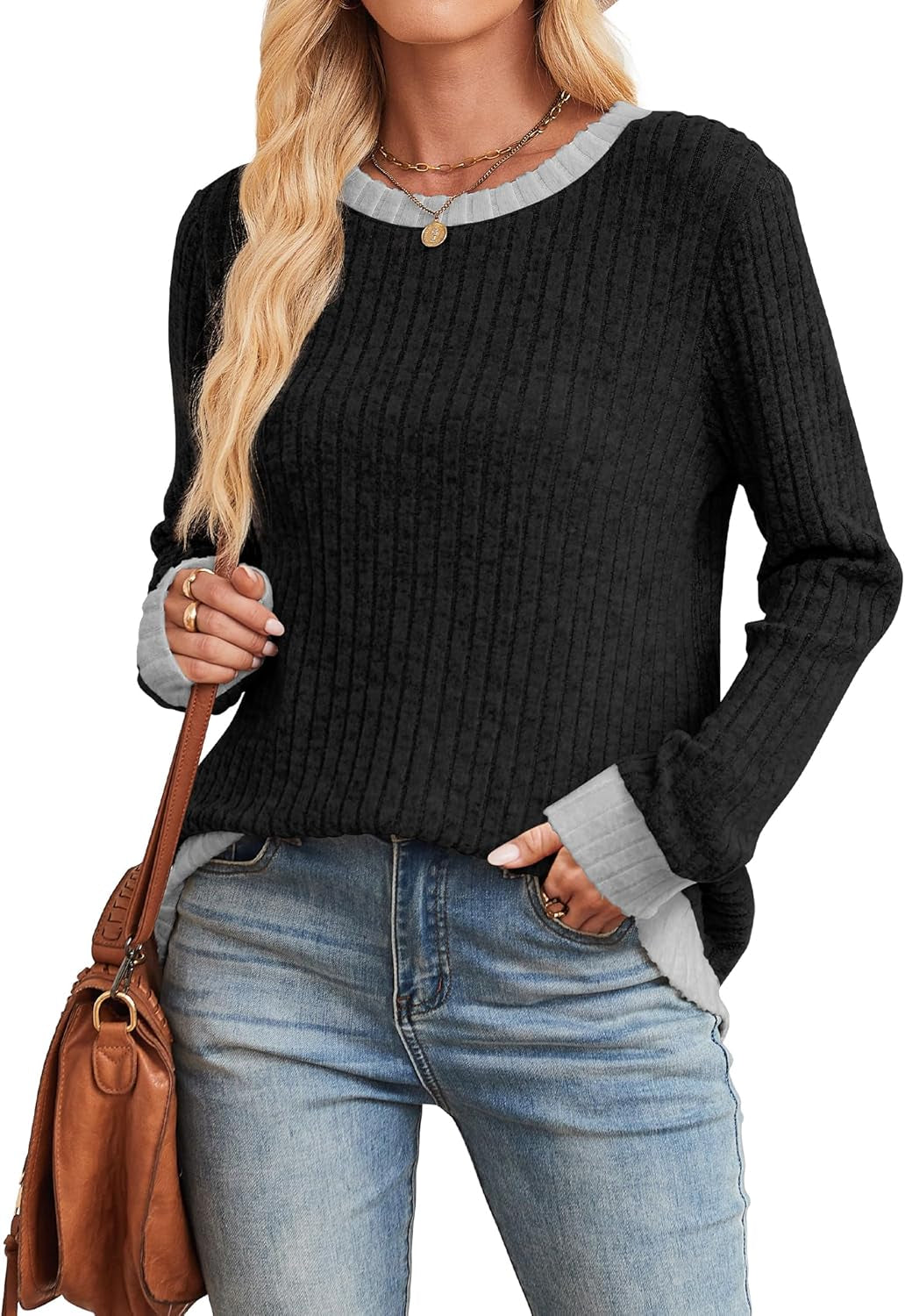 Womens Tops Long Sleeve Shirts Lightweight Sweaters Loose Fit Crewneck Color Block Fall Fashion Outfits