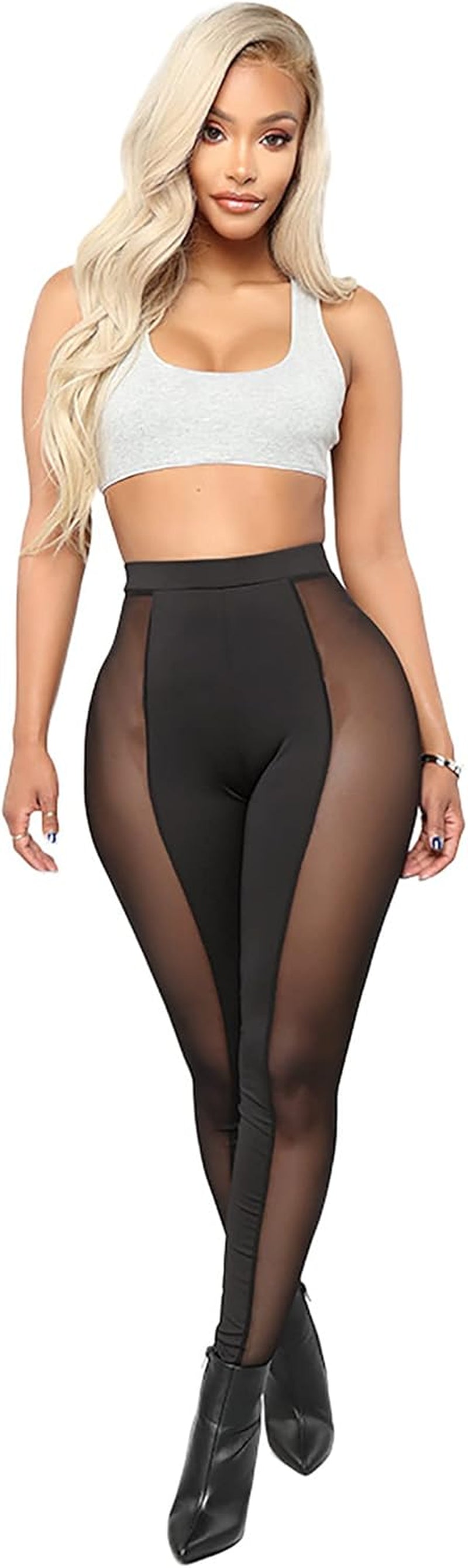 Womens Leggings High Waisted - Sexy Skinny Mesh See through Pants Party Clubwear