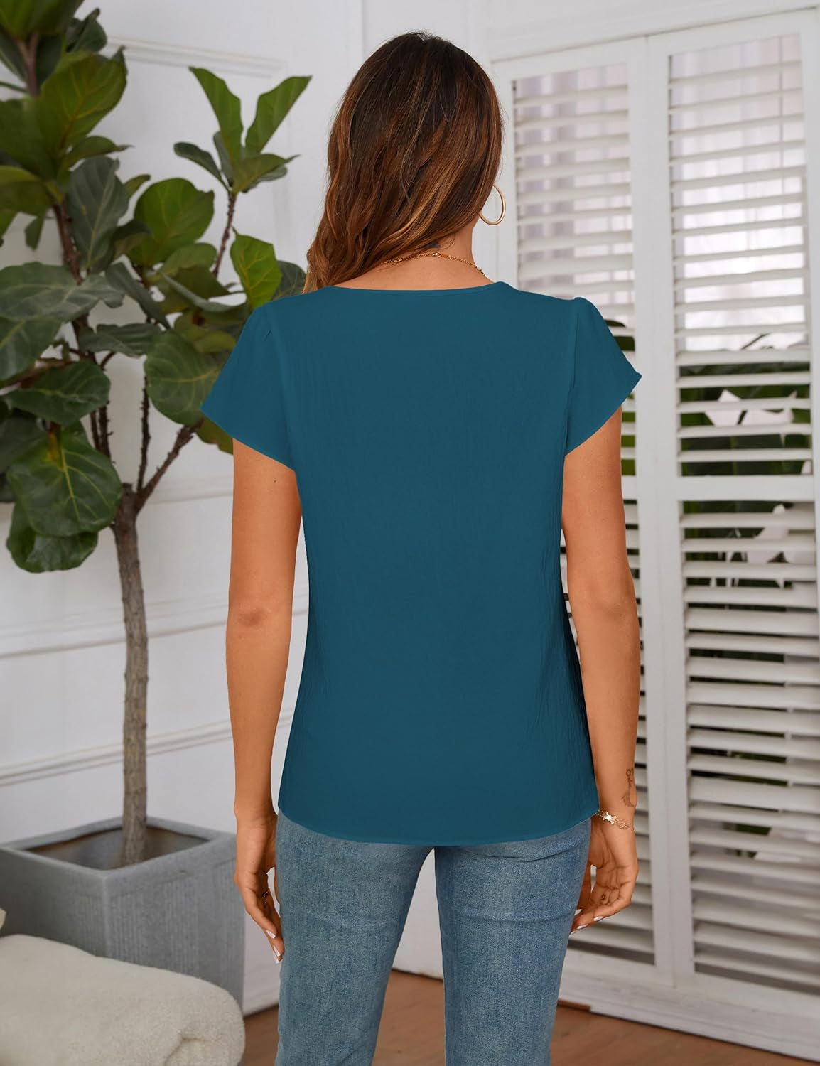 Womens Dressy Casual Blouses Asymmetrical V Neck Business Work Tops Ruffle Sleeve Summer Shirts