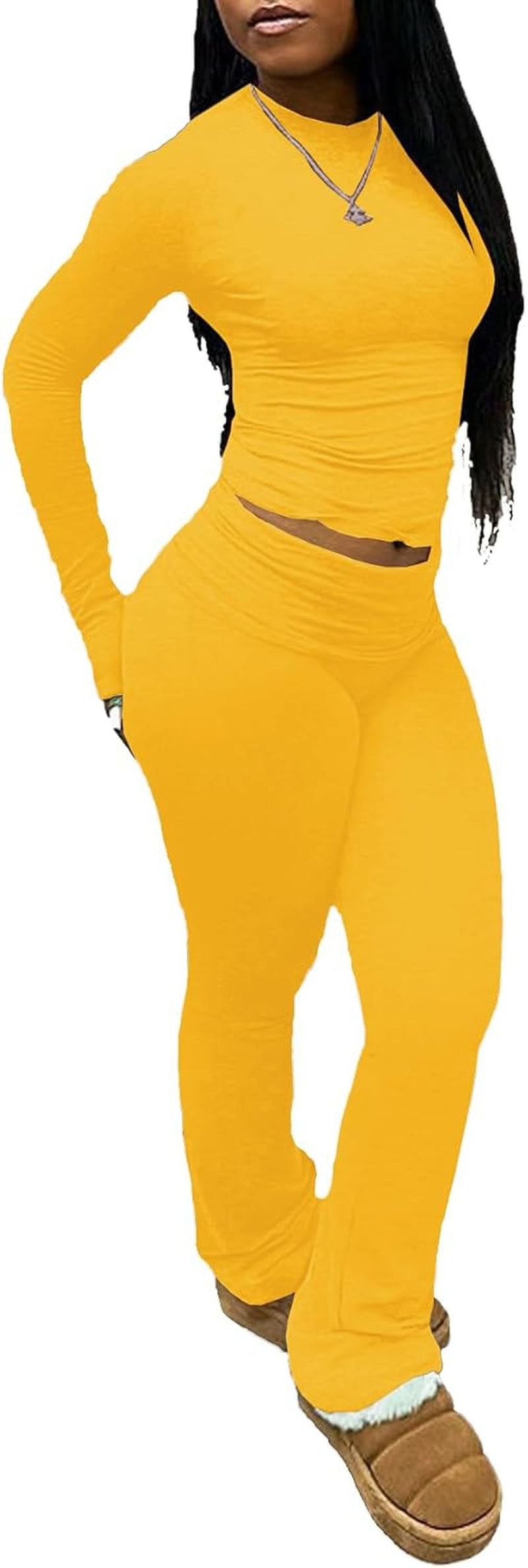 Women'S 2 Piece Lounge Sets Crop High Wasit Foldover Flare Leggings Pants Casual Workout Outfits Tracksuit