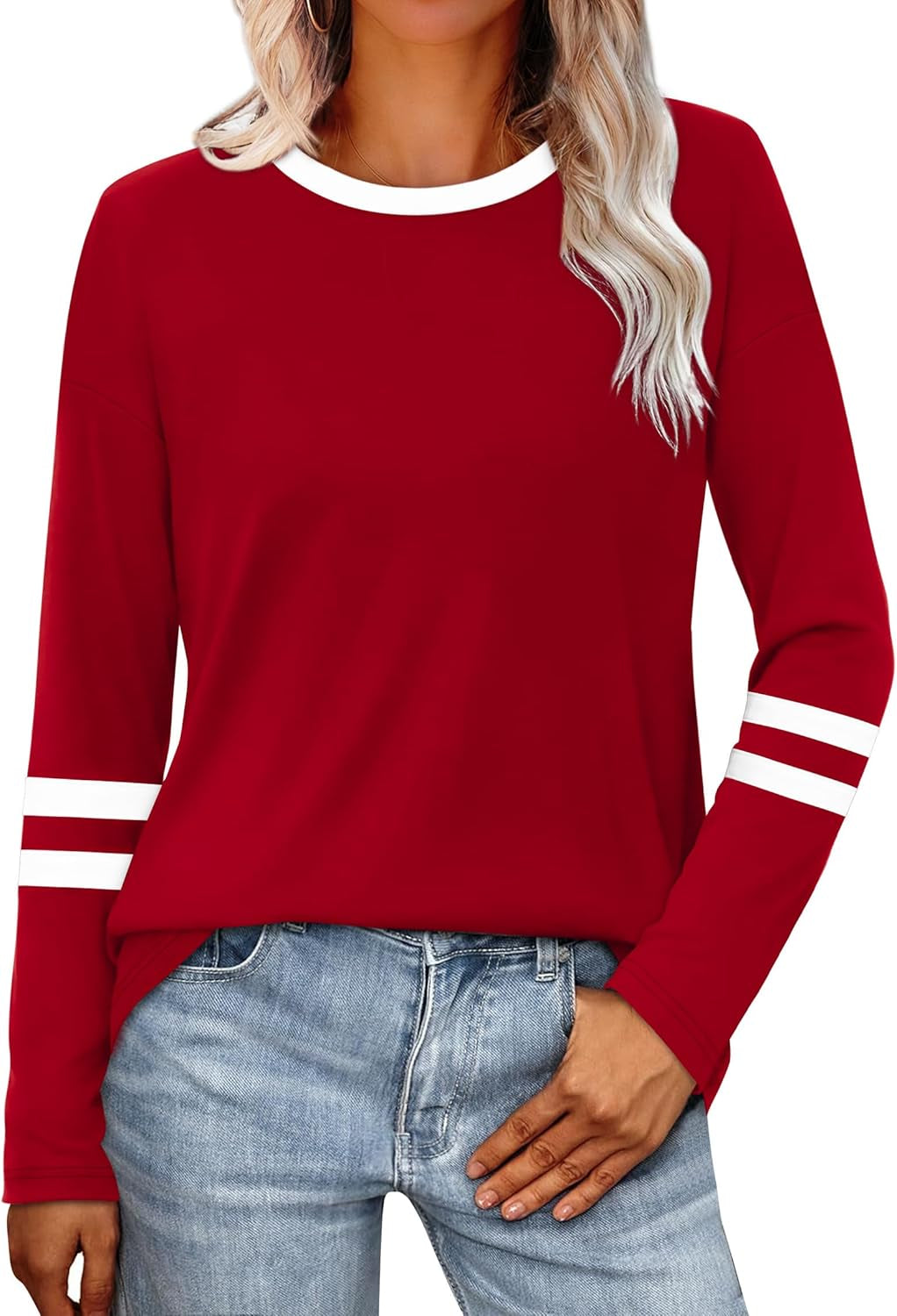 Long Sleeve Shirts for Women Color Block Casual Tops Fall Outfits 2025 Basic Tees Trendy Clothes