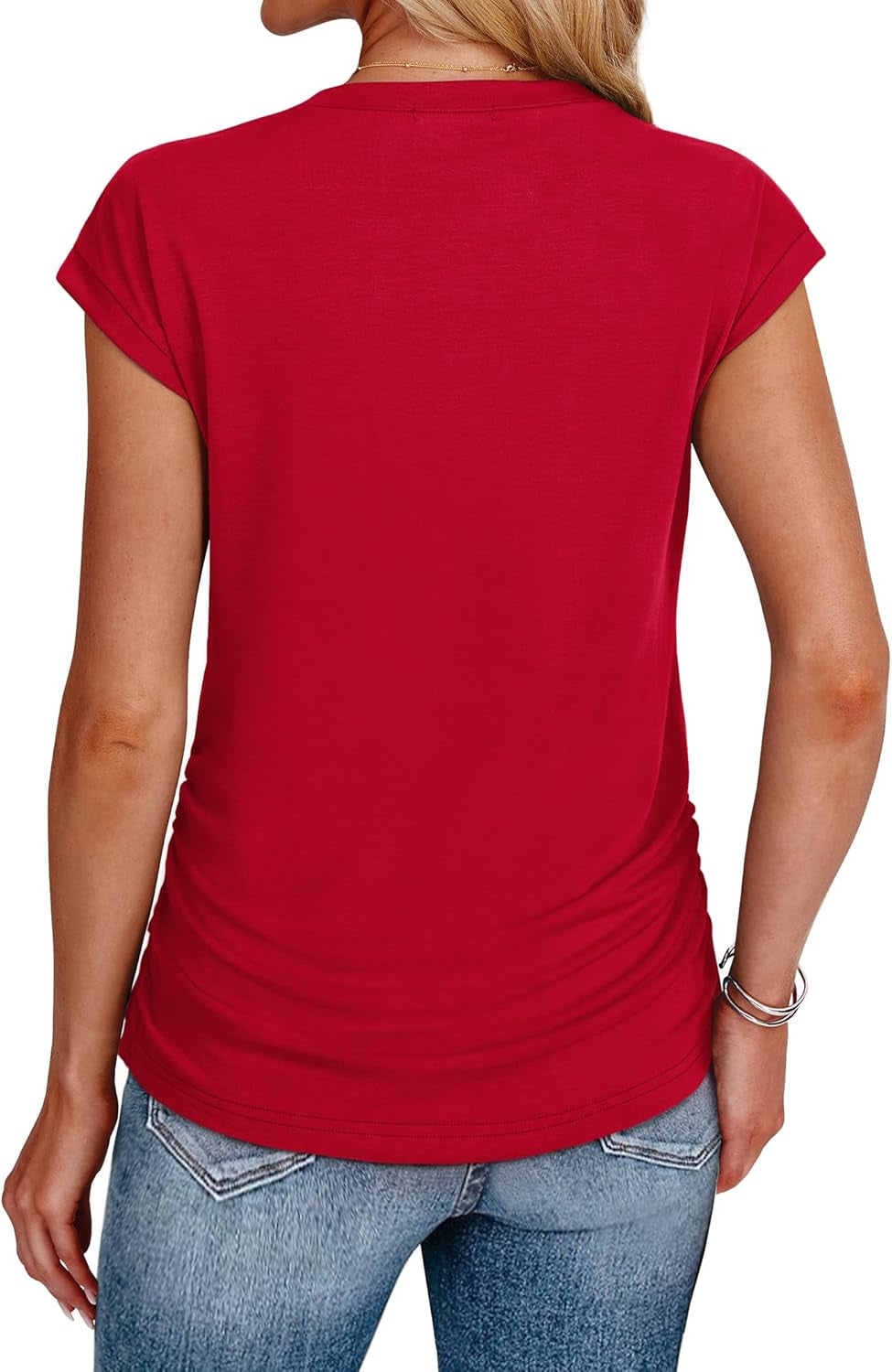 Womens Summer Tops Trendy 2025 Ruched Cap Short Sleeve Tshirts Shirts Crew Neck T Shirts Fashion