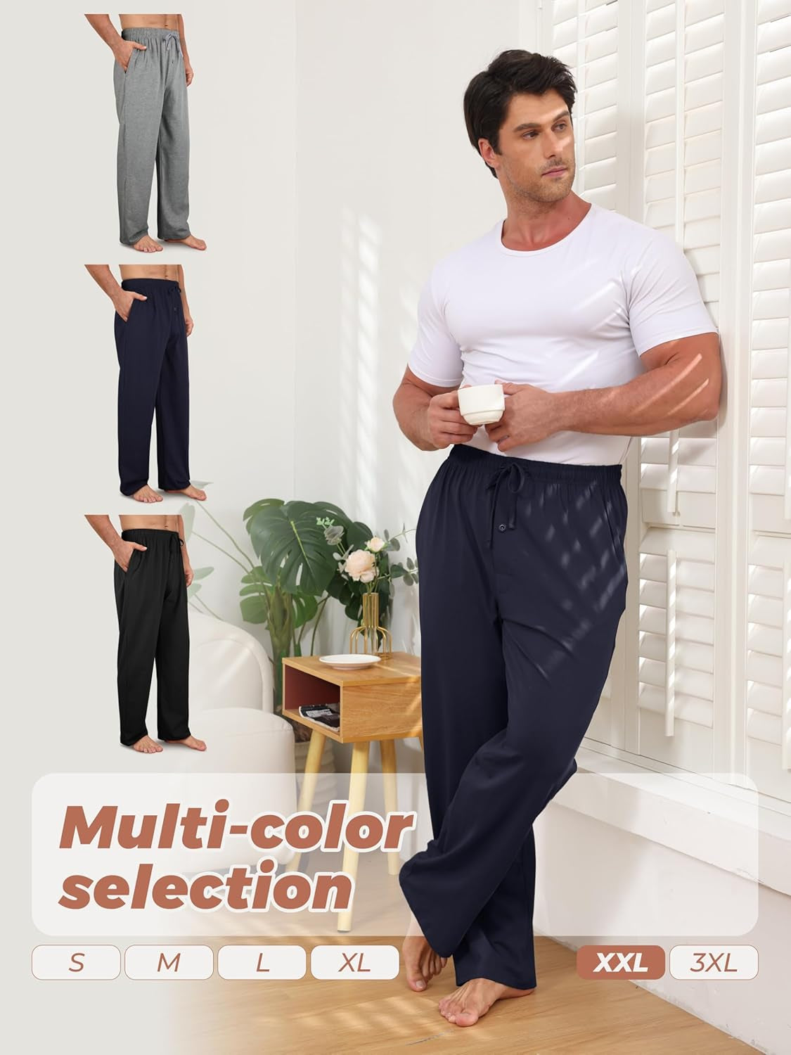 3 Pack Men'S Cotton Pajama Pants Soft Pjs Lounge Bottoms with Pockets & Elastic Waist Sleepwear for Men