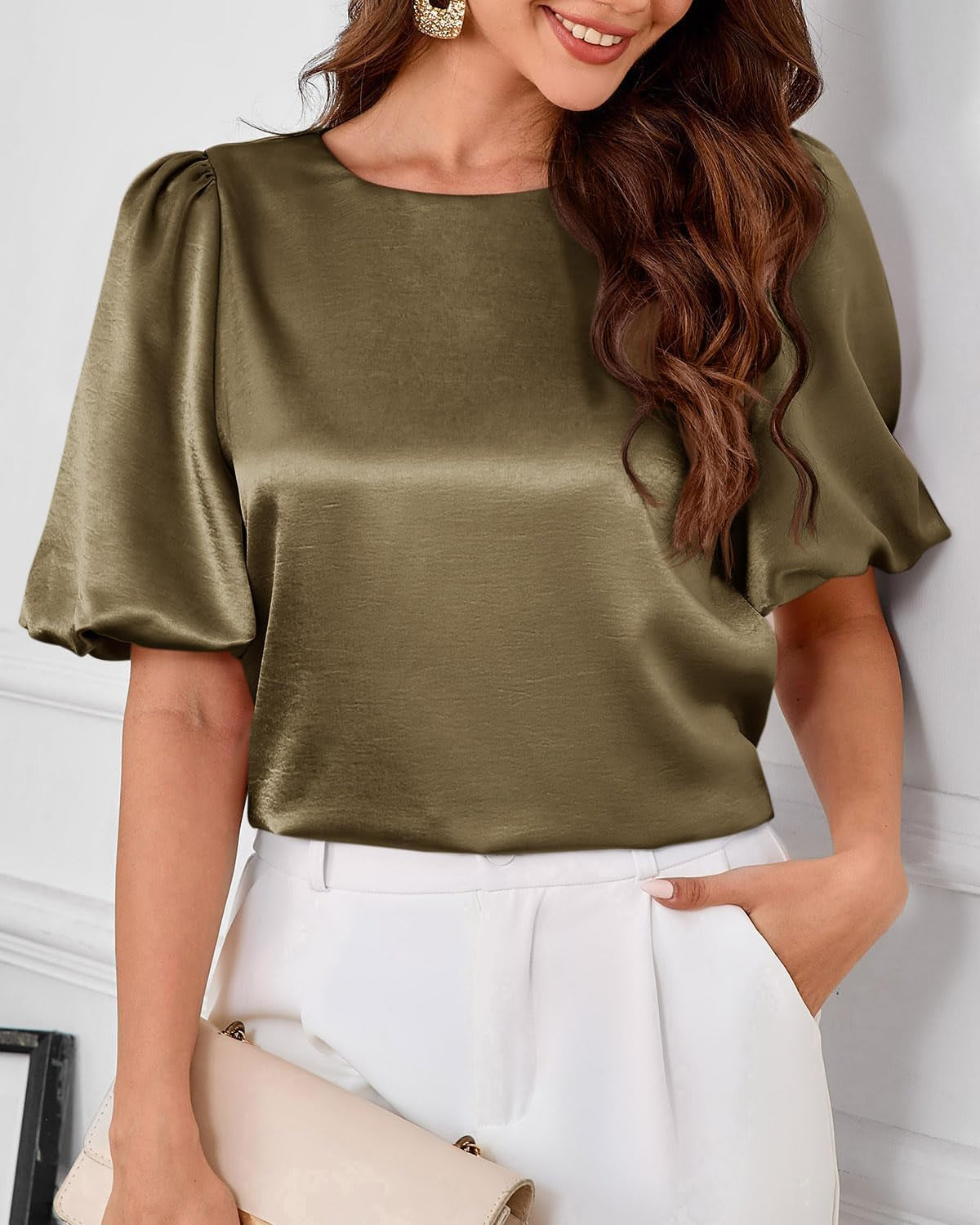 Womens Satin Silk Blouses Puff Short Sleeve Dressy Casual Tops Loose Fit Crew Neck Cropped Shirts