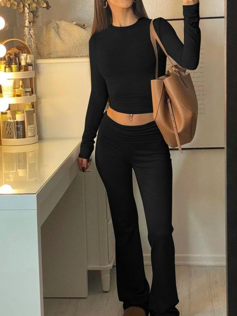 Women'S 2 Piece Outfits Foldover Flare Pants Long Sleeve Crew Neck T-Shirt Fitted Pajama Sets