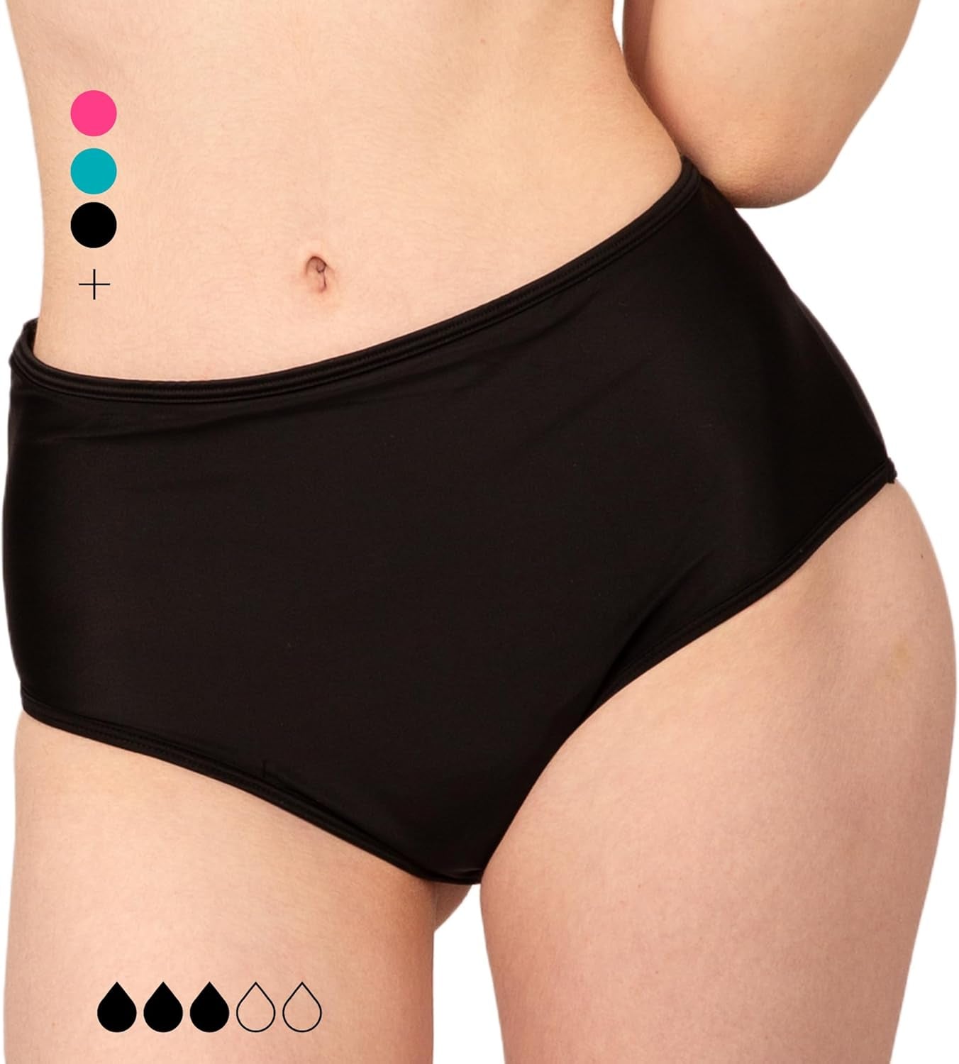 Period Swimwear - Black Menstrual Leakproof Bikini Bottoms - High Waisted Swim Bottoms for Teens, Girls, Women