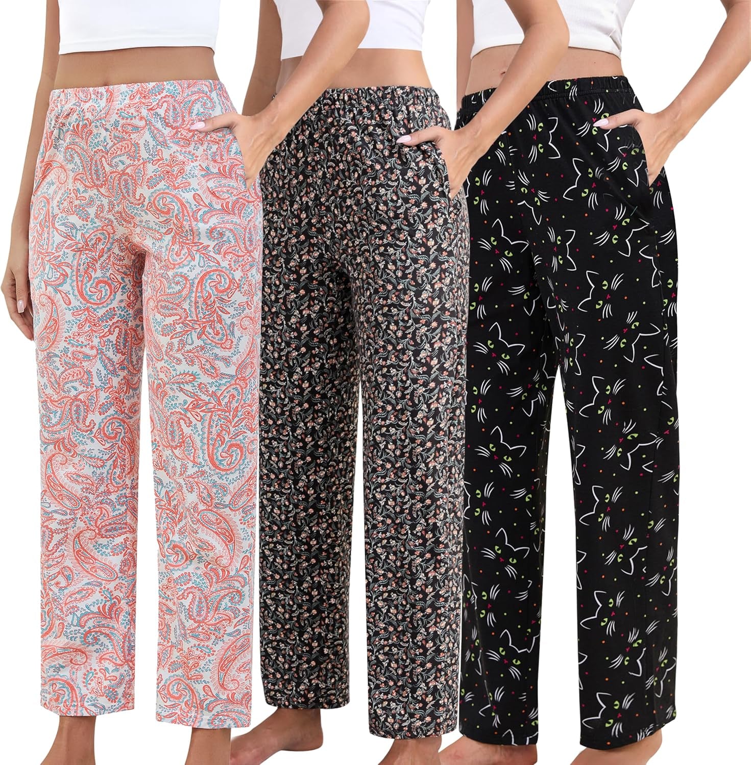 Pajama Pants Women 3 Pack Soft Cotton Lounge Pants Comfy Casual Pajama Bottoms with Elastic Waistband & Pockets