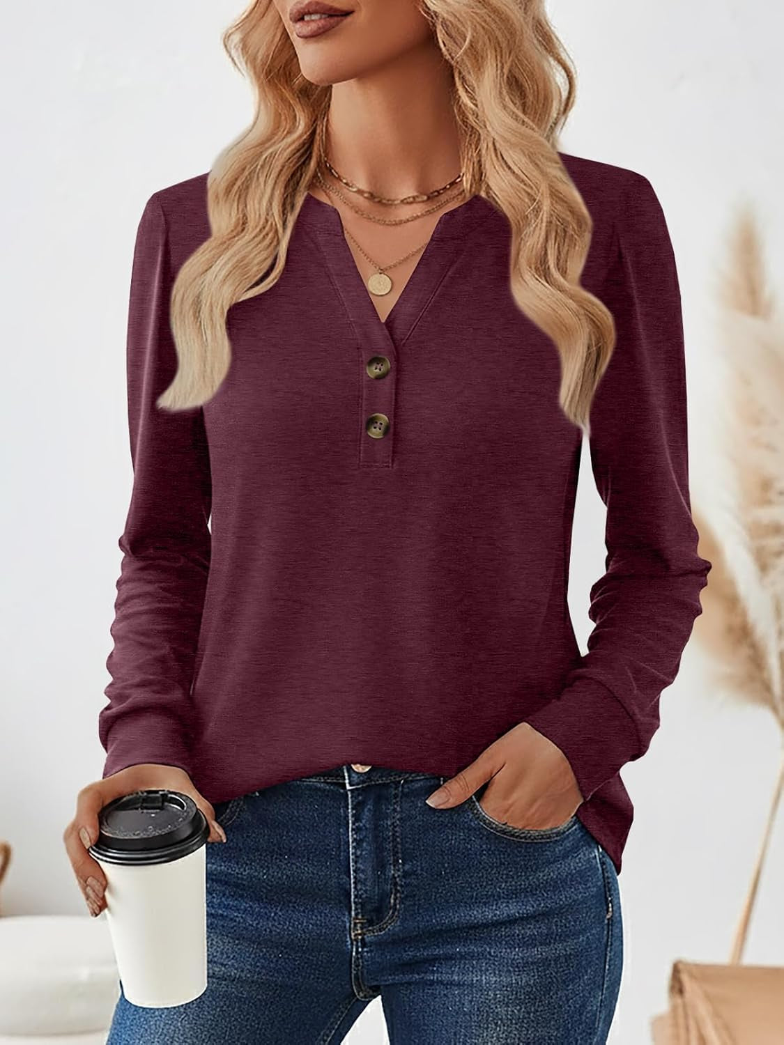 Womens Tops Long Sleeve Shirts Fall Fashion Clothes Henley Dressy Casual Blouses Trendy 2026