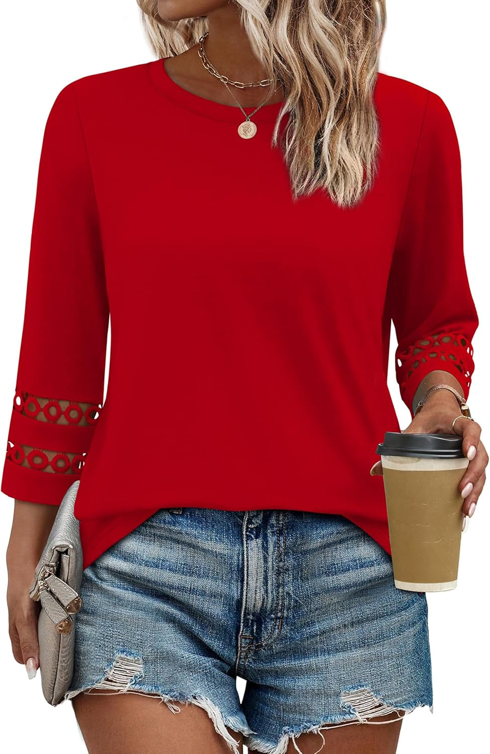 3/4 Length Sleeve Womens Tops and Blouses Dressy Casual Crewneck T Shirts Fashion Clothes Loose Fit Trendy