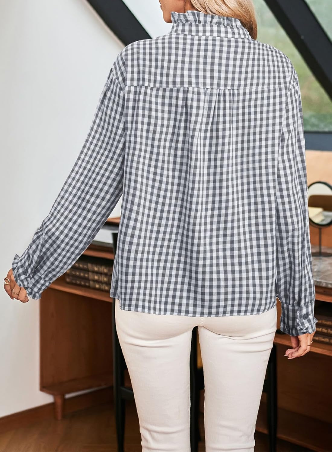 Womens Plaid Ruffle V Neck Button down Blouse Casual Long Sleeve Gingham Trendy Tops Work Checkered Shirt