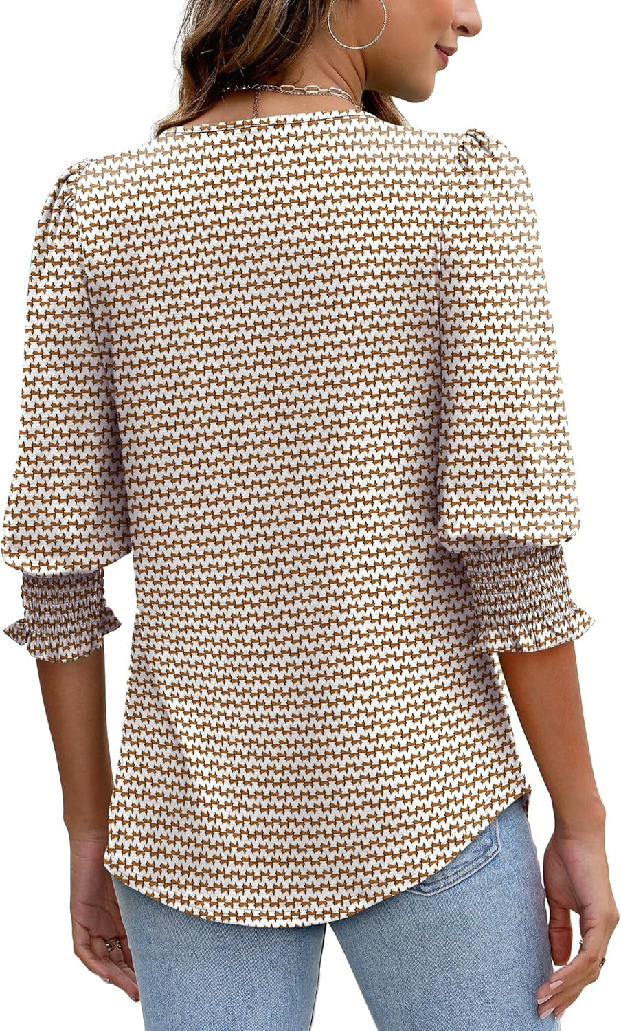 Blouses for Women Dressy Casual 3/4 Length Sleeve Womens Tops with Smocked Cuffs