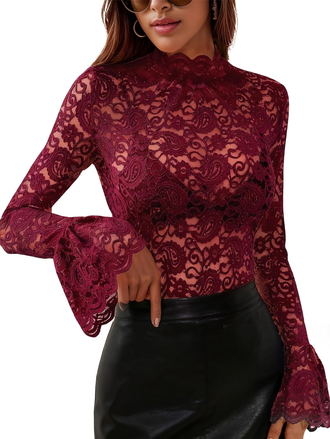 Women'S Long Sleeve Lace Mesh Tops High Neck Sheer Blouse Sexy Floral Going Out Top