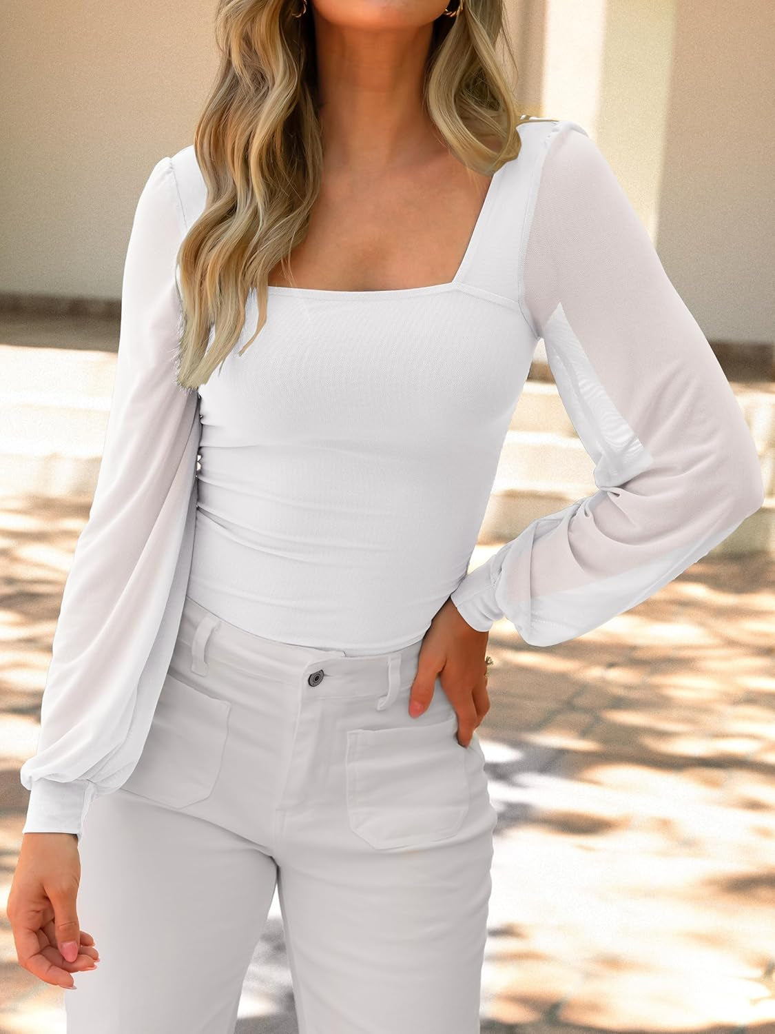 Womens Square Neck Mesh Long Sleeve Tops Double Lined Dressy Business Casual Blouses Shirts 2025 Fall Outfits