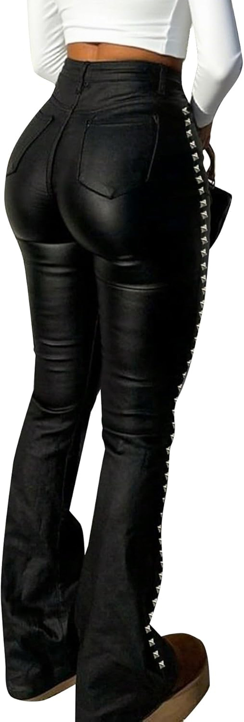 Women Faux Leather Butt Lifting Leggings Flare High Waist Sexy Bell Bottom Pants